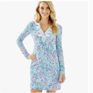 Lilly Pulitzer Harper Shift Dress Long Sleeve Bayside Blue Stretch Medium NWOT